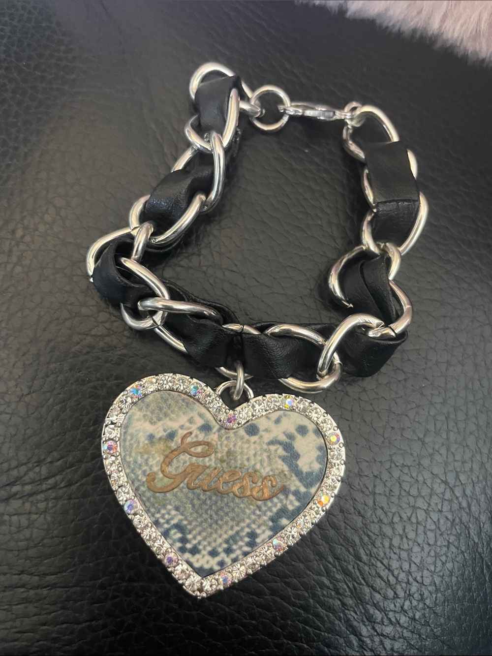 GUESS Black Leather & Silver Chain Bracelet with Crystal Heart Charm
